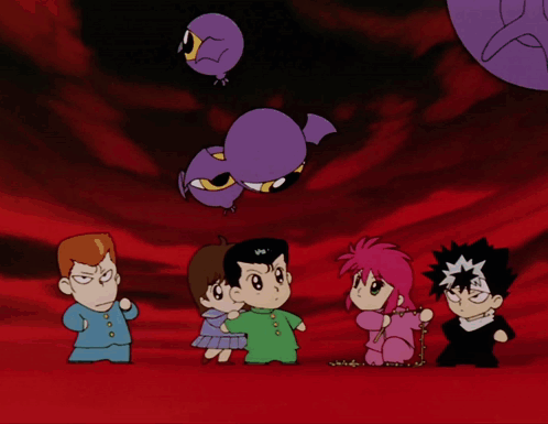 A Group Of Cartoon Characters Are Standing In Front Of A Sign That Says " Yusuke " GIF