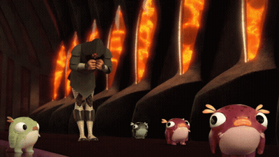 A Group Of Cartoon Characters Are Standing In Front Of A Wall With Lava Coming Out Of It GIF