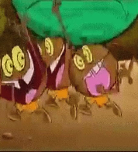 A Group Of Cartoon Characters Are Standing Next To Each Other And Laughing . GIF