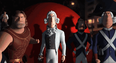 A Group Of Cartoon Characters Are Standing Next To Each Other And One Of Them Has The Letter J On His Hat GIF