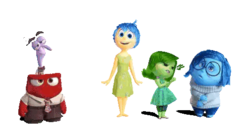 A Group Of Cartoon Characters Are Standing Next To Each Other And One Of Them Has The Word Fear On His Face Sticker