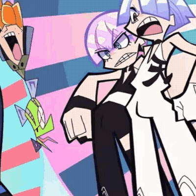 A Group Of Cartoon Characters Are Standing Next To Each Other And One Of Them Is Pointing At The Camera . GIF