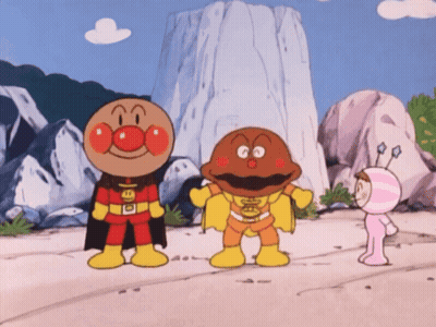 A Group Of Cartoon Characters Are Standing Next To Each Other And One Of Them Is Wearing A Cape That Says Anpanman GIF