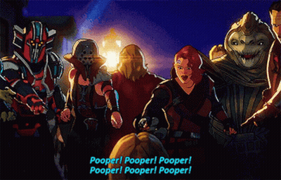 A Group Of Cartoon Characters Are Standing Next To Each Other And One Of Them Says Pooper Pooper Pooper Pooper Pooper GIF