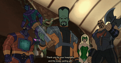 A Group Of Cartoon Characters Are Standing Next To Each Other And One Of Them Says Thank You For Your Hospitality GIF