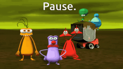 A Group Of Cartoon Characters Are Standing Next To Each Other And The Word Pause Is Above Them GIF