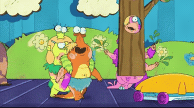 A Group Of Cartoon Characters Are Standing Next To Each Other GIF