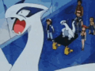 A Group Of Cartoon Characters Are Standing Next To Each Other In A Blue Room . GIF