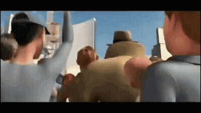 A Group Of Cartoon Characters Are Standing Next To Each Other In A Crowd Of People . GIF
