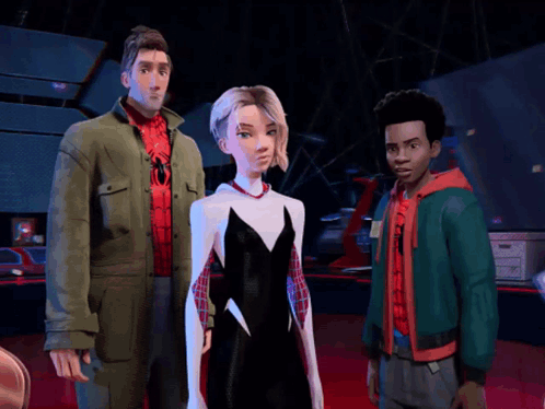 A Group Of Cartoon Characters Are Standing Next To Each Other In A Dark Room GIF