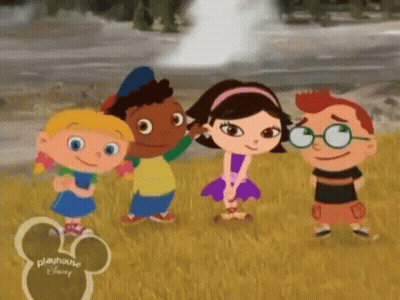 A Group Of Cartoon Characters Are Standing Next To Each Other In A Field In Front Of A Hot Spring . GIF