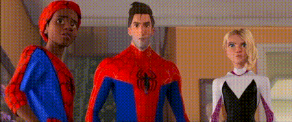 A Group Of Cartoon Characters Are Standing Next To Each Other In A Living Room . GIF