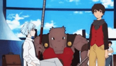 A Group Of Cartoon Characters Are Standing Next To Each Other In A Room . GIF