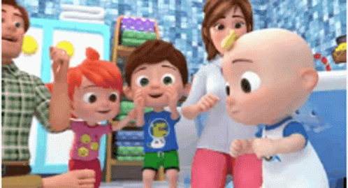 A Group Of Cartoon Characters Are Standing Next To Each Other In A Room . GIF