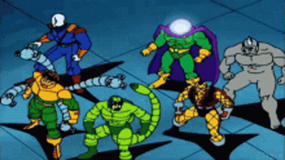 A Group Of Cartoon Characters Are Standing Next To Each Other In A Room GIF