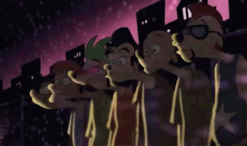 A Group Of Cartoon Characters Are Standing Next To Each Other In A Row . GIF
