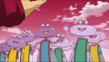 A Group Of Cartoon Characters Are Standing Next To Each Other In A Row . GIF