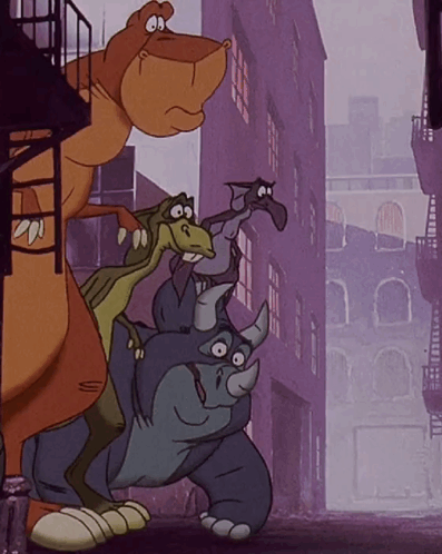 A Group Of Cartoon Characters Are Standing Next To Each Other In Front Of A Building GIF