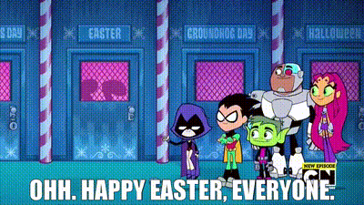 A Group Of Cartoon Characters Are Standing Next To Each Other In Front Of A Building With A Sign That Says Easter . GIF