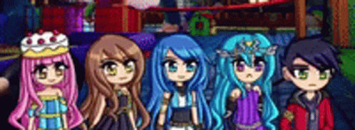 A Group Of Cartoon Characters Are Standing Next To Each Other In Front Of A Roller Coaster . GIF