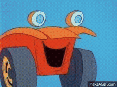 A Group Of Cartoon Characters Are Standing Next To Each Other In Front Of An Orange Vehicle . GIF