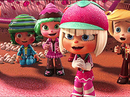 A Group Of Cartoon Characters Are Standing Next To Each Other On A Candy Land GIF
