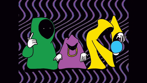 A Group Of Cartoon Characters Are Standing Next To Each Other On A Pink And Black Background GIF