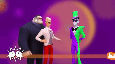A Group Of Cartoon Characters Are Standing Next To Each Other On A Purple Background GIF