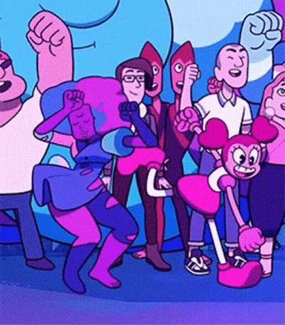 A Group Of Cartoon Characters Are Standing Next To Each Other On A Purple Background . GIF