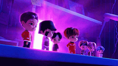 A Group Of Cartoon Characters Are Standing Next To Each Other On A Purple Background . GIF