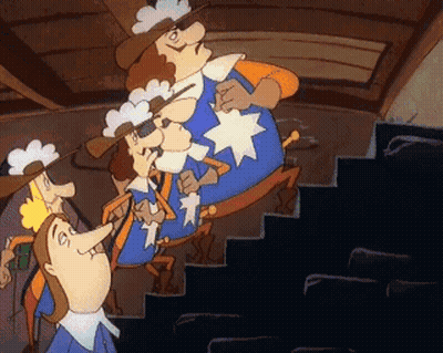 A Group Of Cartoon Characters Are Standing Next To Each Other On A Set Of Stairs GIF