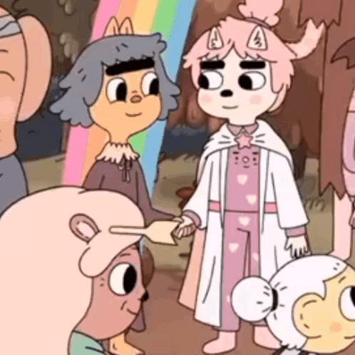 A Group Of Cartoon Characters Are Standing Next To Each Other Shaking Hands . GIF