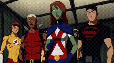 A Group Of Cartoon Characters Are Standing Next To Each Other With One Wearing A Superman Shirt GIF