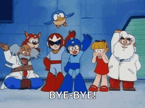 A Group Of Cartoon Characters Are Standing Next To Each Other With The Words `` Bye-Bye '' Written On The Bottom . GIF