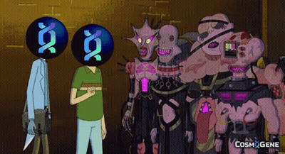 A Group Of Cartoon Characters Are Standing Next To Each Other With The Words Cosmogene On The Bottom Right GIF