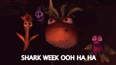 A Group Of Cartoon Characters Are Standing Next To Each Other With The Words Shark Week Ooh Ha Ha On The Bottom GIF