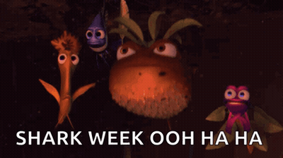 A Group Of Cartoon Characters Are Standing Next To Each Other With The Words Shark Week Ooh Ha Ha Written On The Bottom GIF