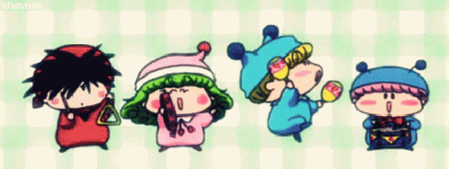 A Group Of Cartoon Characters Are Standing Next To Each Other With The Words Shevons On The Bottom Left GIF