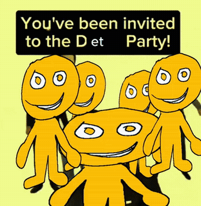 A Group Of Cartoon Characters Are Standing Next To Each Other With The Words " You 'Ve Been Invited To The Det Party " GIF