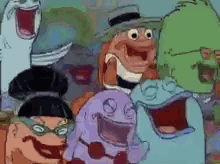 A Group Of Cartoon Characters Are Standing Next To Each Other With Their Mouths Open And Laughing . GIF