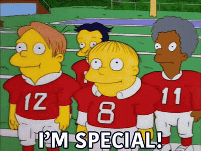 A Group Of Cartoon Characters Are Standing On A Field And One Of Them Says I 'M Special .. GIF