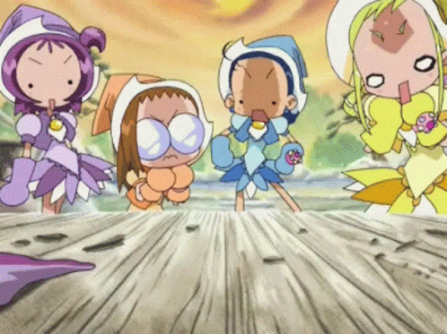 A Group Of Cartoon Characters Are Standing On A Wooden Floor GIF