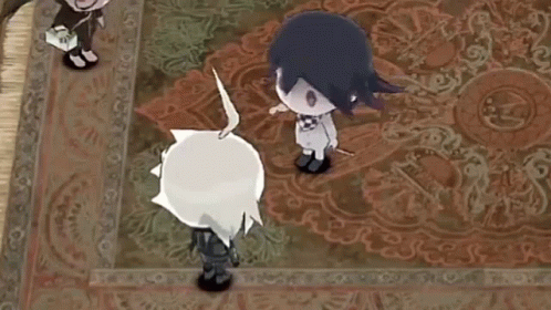 A Group Of Cartoon Characters Are Standing On Top Of A Rug On The Floor . GIF