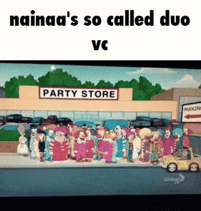 A Group Of Cartoon Characters Are Standing Outside Of A Party Store . GIF