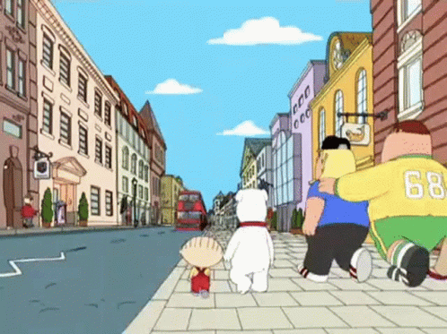 A Group Of Cartoon Characters Are Walking Down A Street And One Of Them Has The Number 88 On His Jersey GIF