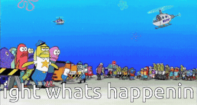 A Group Of Cartoon Characters Are Walking On A Beach With The Words " Fight Whats Happenin " Below Them GIF