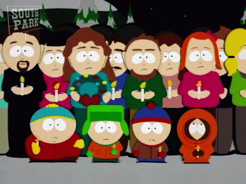 A Group Of Cartoon Characters From South Park Holding Candles GIF