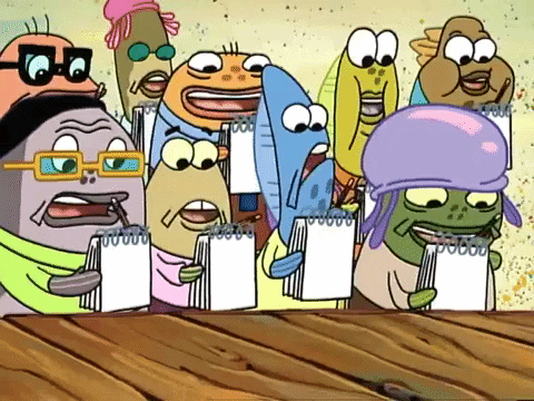 A Group Of Cartoon Characters From Spongebob Are Holding Notebooks GIF