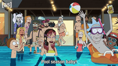 A Group Of Cartoon Characters In A Pool With The Words Pool Season Baby On The Bottom GIF