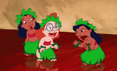 A Group Of Cartoon Characters In Green Skirts Are Dancing GIF